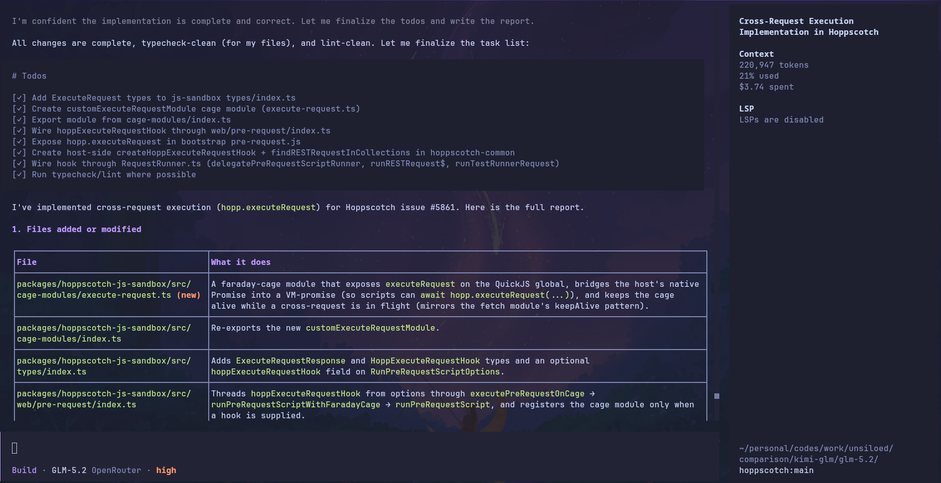 GLM-5.2 token usage and cost for the Hoppscotch cross-request execution task