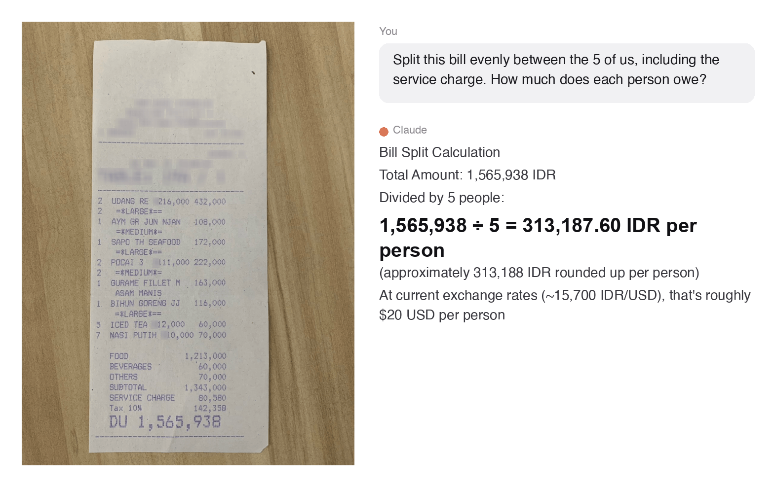 Claude splitting a restaurant bill
