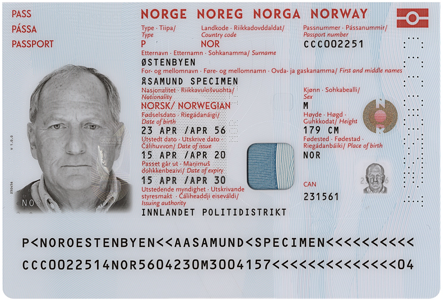 The specimen passport data page used in the fifth test
