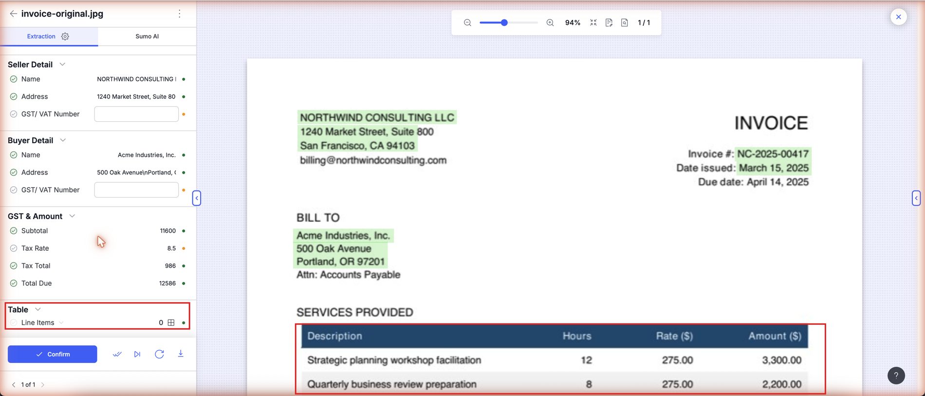 Docsumo's review screen showing zero extracted line items