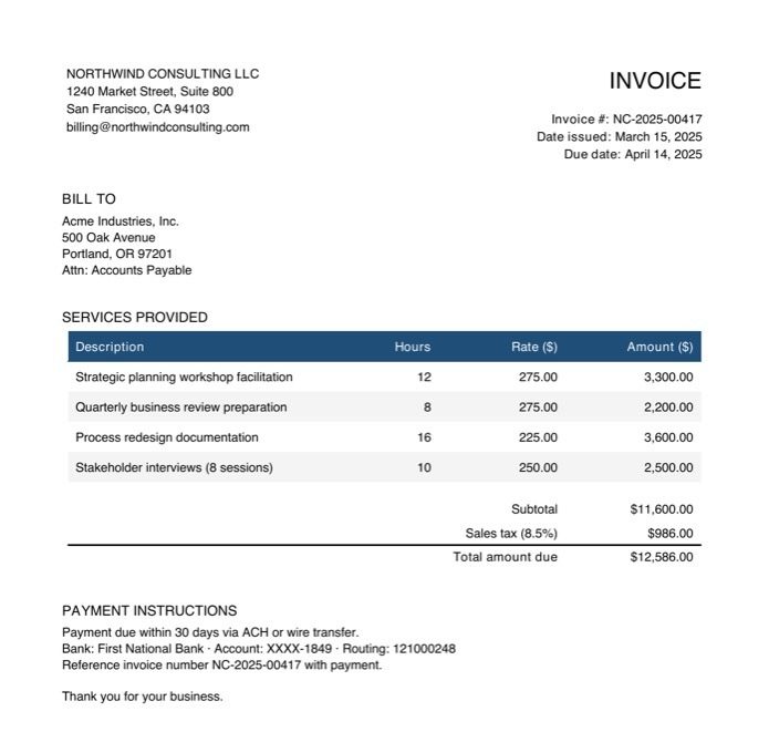 The clean test invoice with a four-row services table