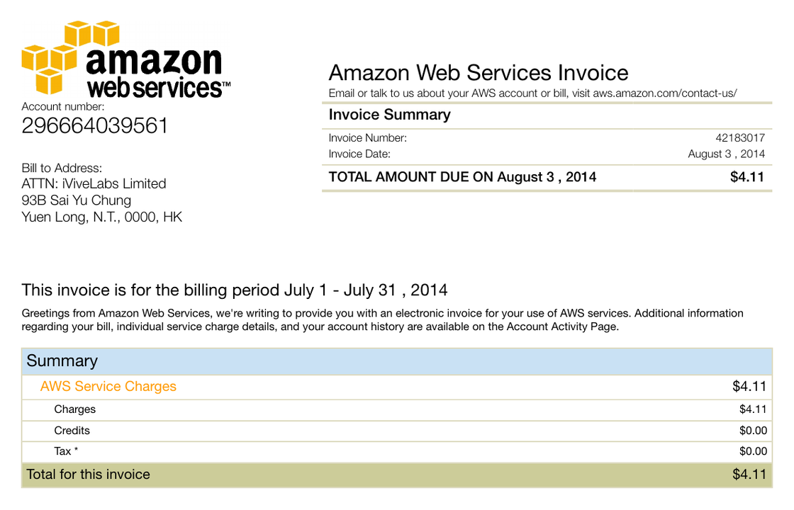 AWS invoice with the invoice number, total amount, and service charge summary
visible